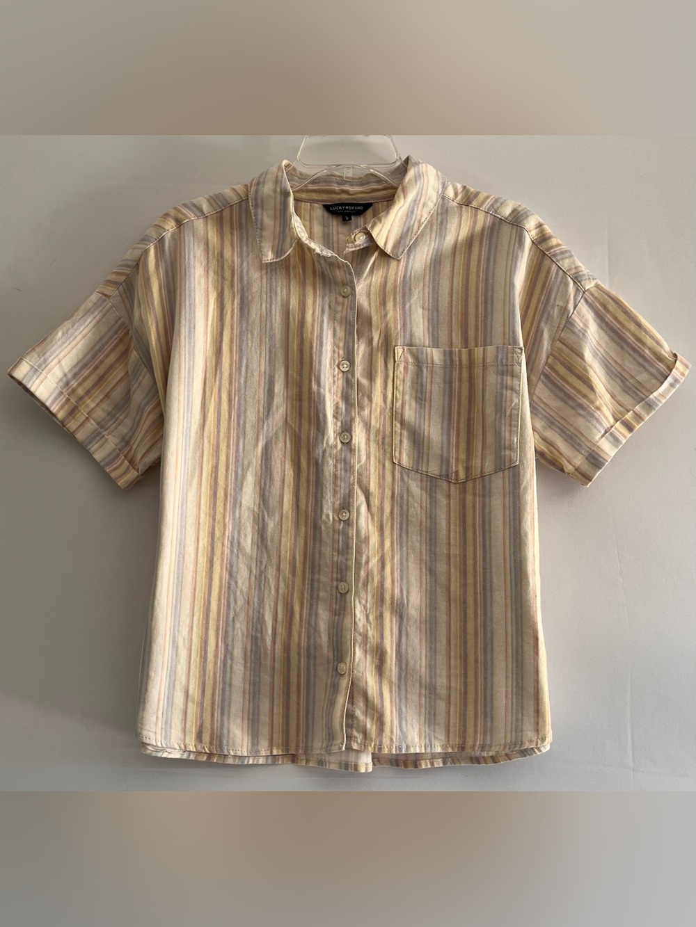 LUCKY BRAND Coastal Linen Blend Pastel Stripe Button Down Top L